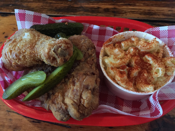 Southern Style Dark Meat with Mac n Cheese and extra pickles